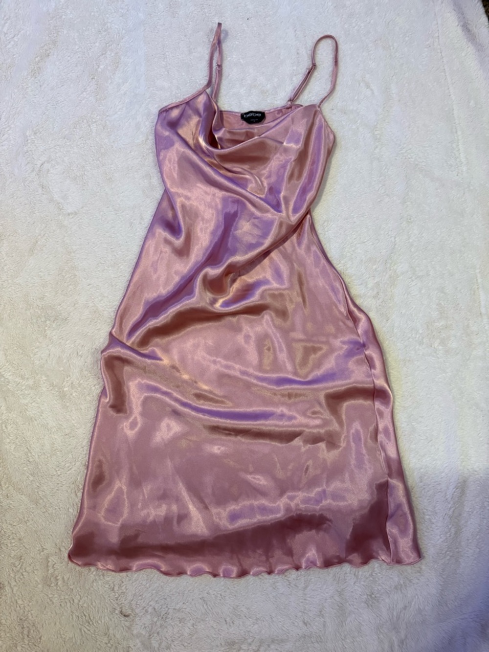 bebe Pink Satin Cowl Midi Slip Dress